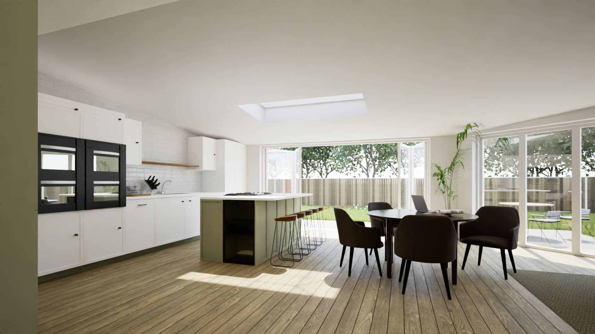 3D visual of a rear kitchen extension with an island, dining table, rooflight and full-width glazing to the garden