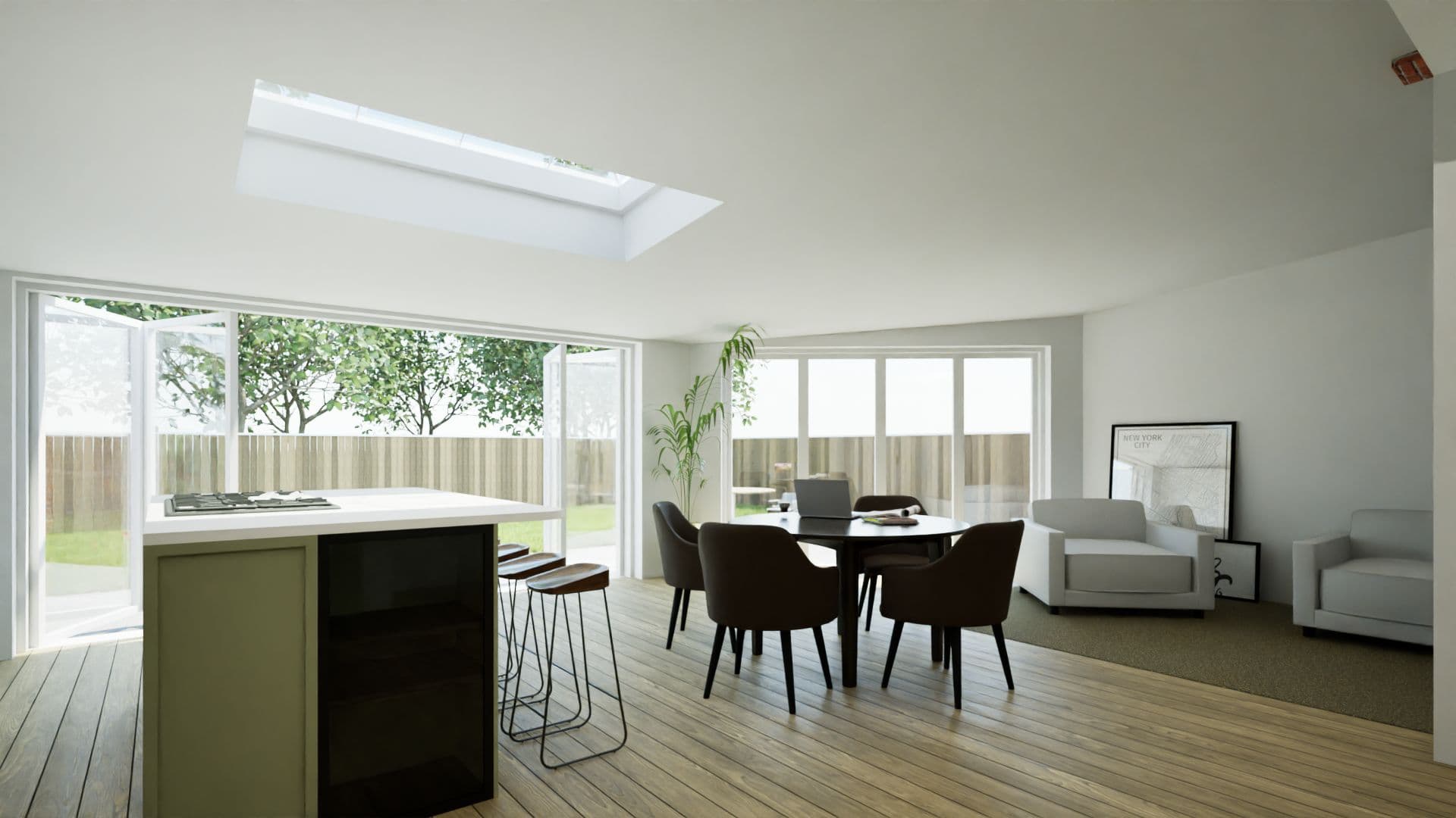 3D visual of the same kitchen extension from the living area, showing the rooflight and corner glazing