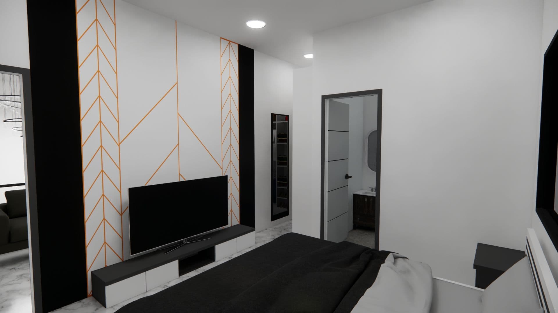 3D visual of a master bedroom with a feature panelled wall, wall-mounted TV and en-suite door